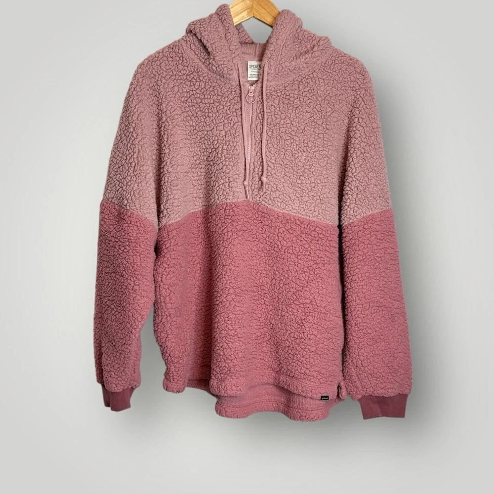 PINK Victoria’s Secret Varsity Sherpa Hoodie Size Large 1/4 Zip Pullover Pockets - Picture 4 of 10